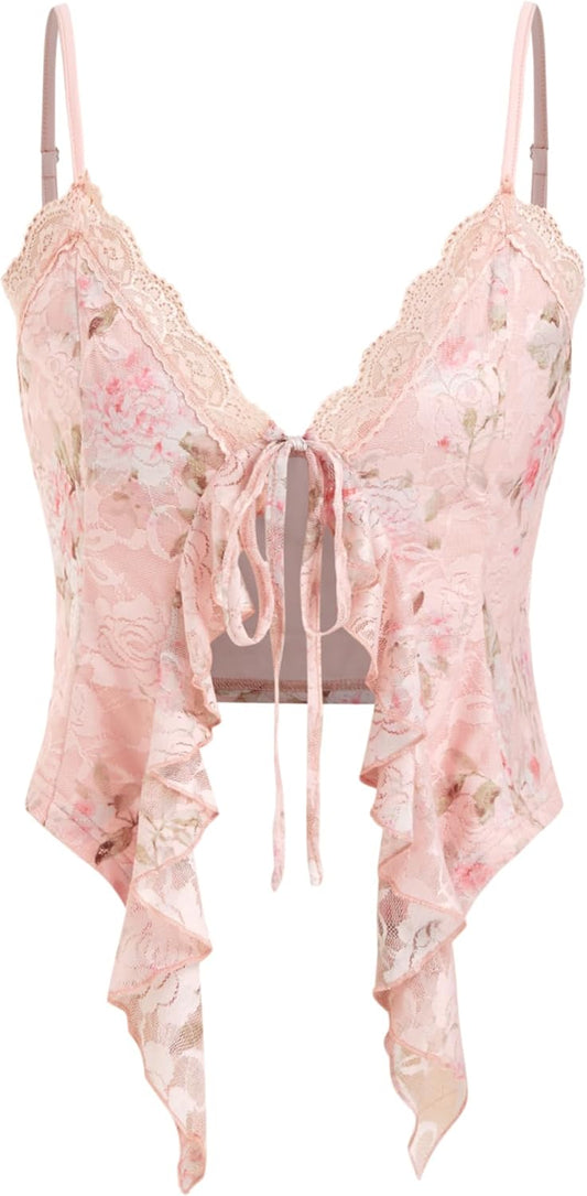 CIDER Going Out Tops for Women Y2K Tie Front Asymmetrical Ruffle Hem Lace Spaghetti Strap Cowgirl Crop Tops